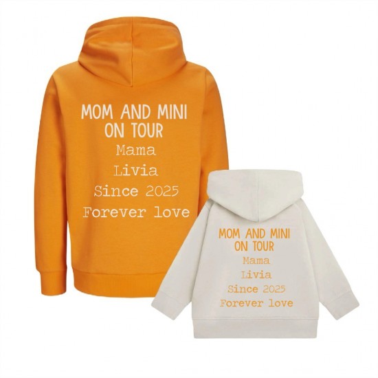 Koningsdag hoodies voor moeder en kind mom and mini on tour gepersonaliseerd