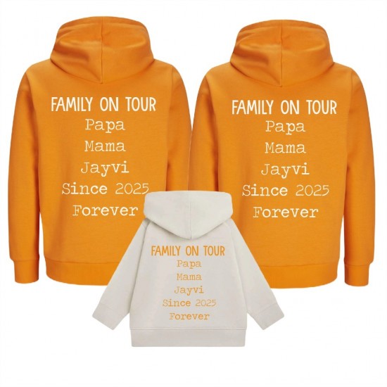 Koningsdag matching hoodies voor het gezin   family on tour met naam en jaartal