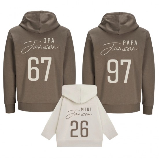 Matching generatie hoodies voor opa vader en kind met achternaam en geboortejaar opa papa en mini