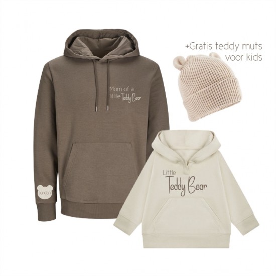 Matching hoodies voor moeder en kind little teddy bear gepersonaliseerd gratis muts voor kids