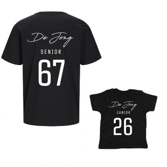 Matching shirts voor opa en kleinkind achternaam geboortejaar senior en junior
