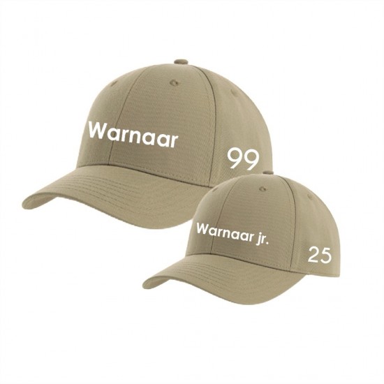 Matching vader en zoon petten met eigen achternaam en geboortedatum