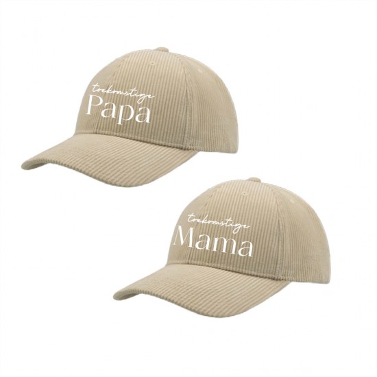 Zwangerschaps bekendmaking petten toekomstige papa en mama ribstof beige